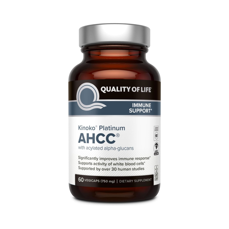 Quality of Life Premium Kinoko Platinum AHCC Herbal Supplement, 750mg per Capsule, for Immune Support, Liver Function, Maintains Natural Killer Cell Activity, Pack of 1, 60 Veggie Capsules