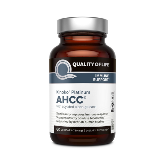 Quality of Life Premium Kinoko Platinum AHCC Herbal Supplement, 750mg per Capsule, for Immune Support, Liver Function, Maintains Natural Killer Cell Activity, Pack of 1, 60 Veggie Capsules