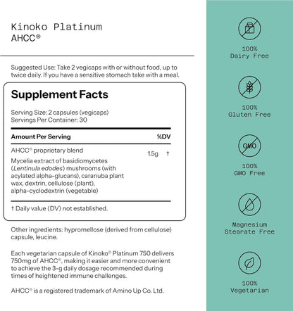 Quality of Life Premium Kinoko Platinum AHCC Herbal Supplement, 750mg per Capsule, for Immune Support, Liver Function, Maintains Natural Killer Cell Activity, Pack of 1, 60 Veggie Capsules